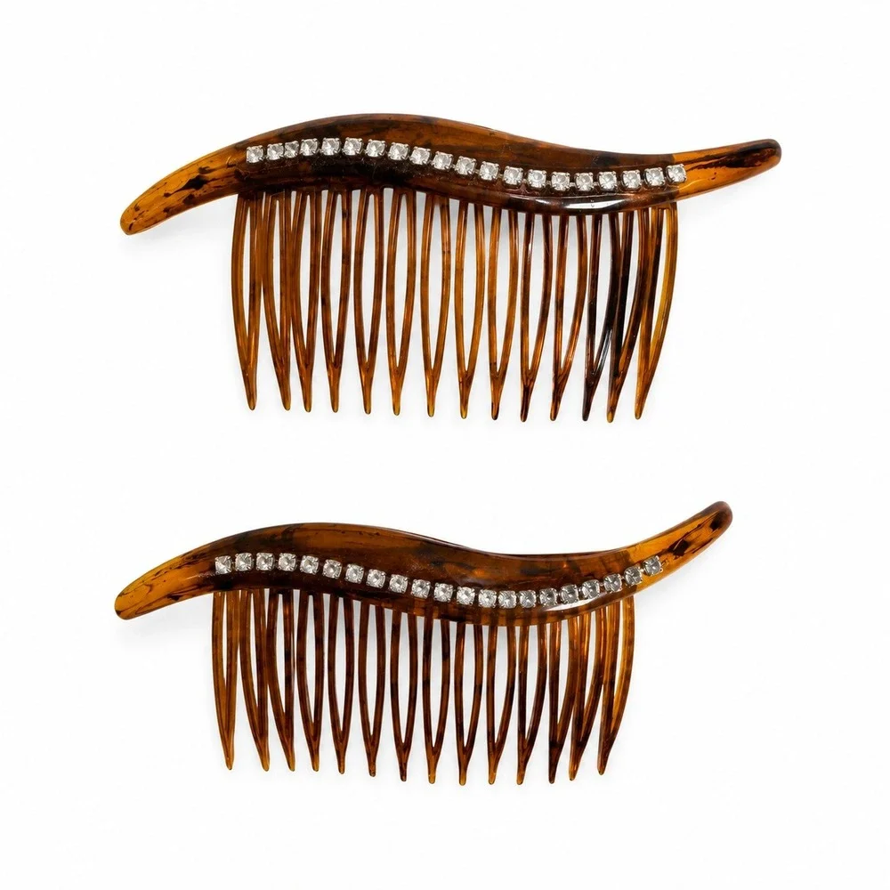 Vintage 90s Hair Comb Set Faux Tortoise Rhinestone Wave Made in USA Lot Of 2